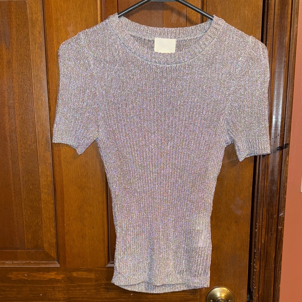 H&M Sparkle Ribbed Short Sleeve Top - Silver Shimmer